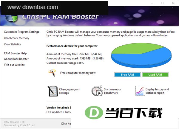 Chris-PC RAM Booster(内存优化工具) 软件界面截图
